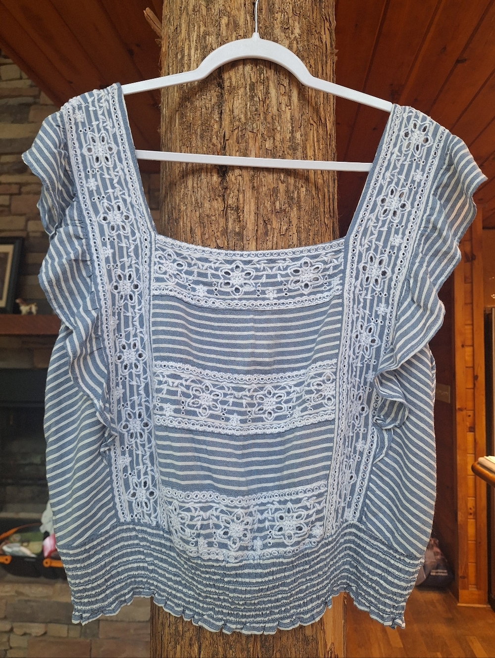 American Eagle Outfitters Blue & White Striped Embroidered Square-Neck Top XL